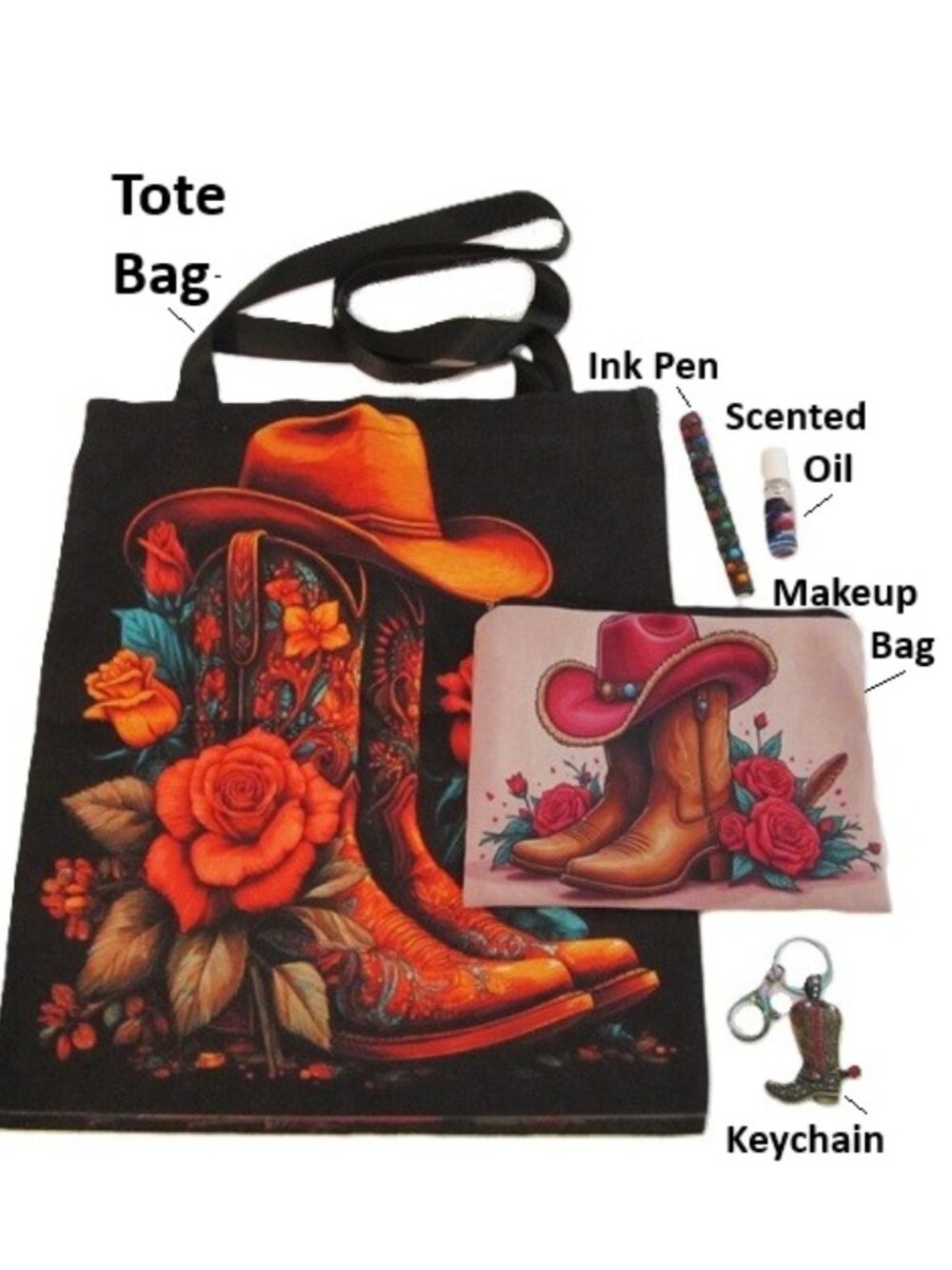 Western Hat & Boots Tote Bag, Cosmetic Bag,  Keychain, Ink Pen, Scent NEW